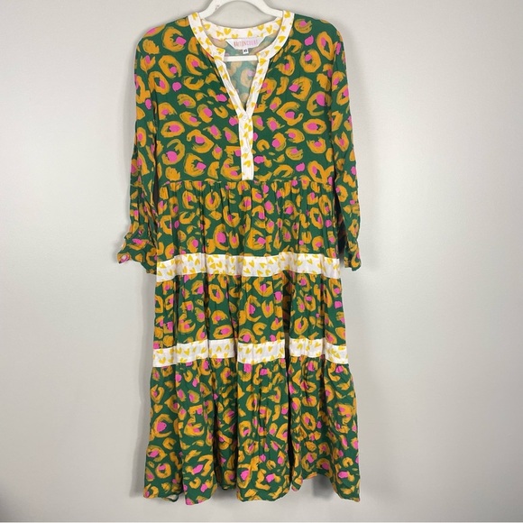 Briton Court Dress Womens XS Boho Abstract Flowy Hearts Green Pink Yellow - Picture 1 of 8